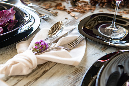 Vintage or rustic christmas table setting. Selective focusの写真素材