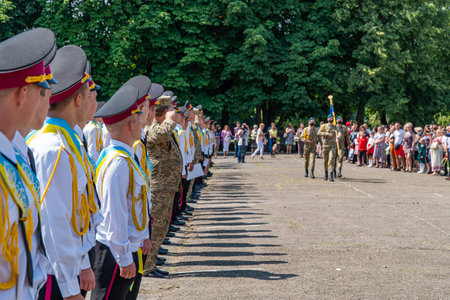 President Poroshenko of Ukraine together with military. The students of the Kiev military lyceum named after Ivan Bohun to take an oath of allegiance to Ukraine. Lutsk, UKRAINE - October, 14 2020のeditorial素材