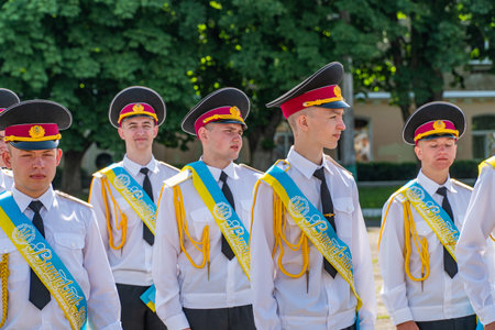 President Poroshenko of Ukraine together with military. The students of the Kiev military lyceum named after Ivan Bohun to take an oath of allegiance to Ukraine. Lutsk, UKRAINE - October, 14 2020のeditorial素材