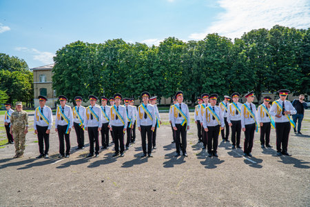 President Poroshenko of Ukraine together with military. The students of the Kiev military lyceum named after Ivan Bohun to take an oath of allegiance to Ukraine. Lutsk, UKRAINE - October, 14 2020のeditorial素材