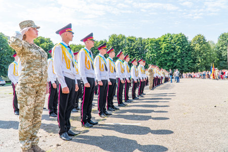 President Poroshenko of Ukraine together with military. The students of the Kiev military lyceum named after Ivan Bohun to take an oath of allegiance to Ukraine. Lutsk, UKRAINE - October, 14 2020のeditorial素材
