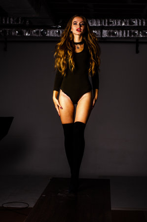 Sexy young woman in black lingerie posing in the studio.の写真素材