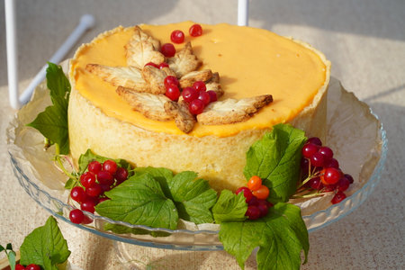 Creamy cheesecake with berries on a glass plate decorated with mint leavesの写真素材
