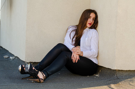 Young woman posing in the roof, Lifestyle portraitの写真素材