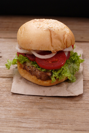 Hamburgers on wooden backgroundの写真素材