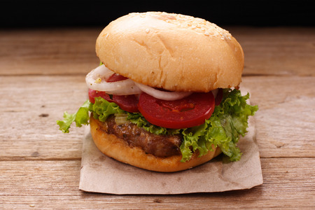 Hamburgers on wooden backgroundの写真素材
