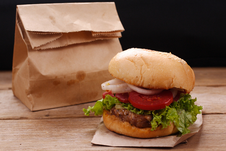 Hamburgers on wooden backgroundの写真素材