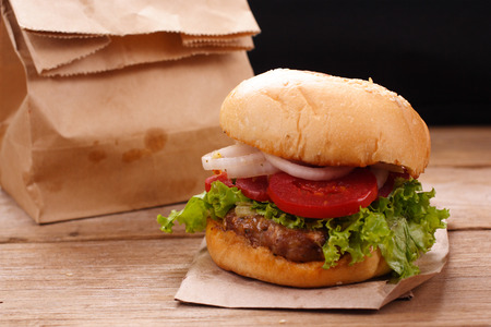 Hamburgers on wooden backgroundの写真素材