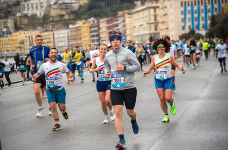 Naples half marathon, 25 February 2025, runners on the Caracciolo seafront.のeditorial素材