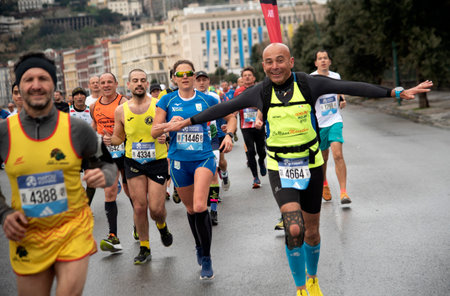 Naples half marathon, 25 February 2025, runners on the Caracciolo seafront.のeditorial素材