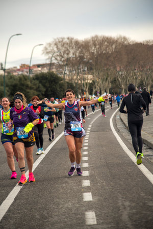 Naples half marathon, 25 February 2025, runners on the Caracciolo seafront.のeditorial素材