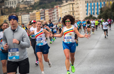Naples half marathon, 25 February 2025, runners on the Caracciolo seafront.のeditorial素材
