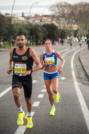 Naples half marathon, 25 February 2025, runners on the Caracciolo seafront.のeditorial素材