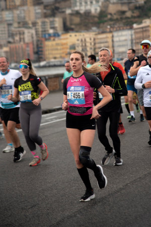 Naples half marathon, 25 February 2025, runners on the Caracciolo seafront.のeditorial素材