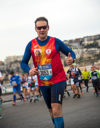 Naples half marathon, 25 February 2025, runners on the Caracciolo seafront.のeditorial素材