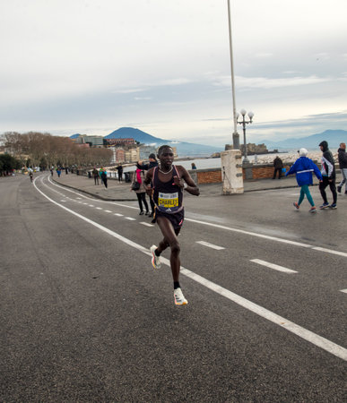 Naples half marathon, 25 February 2025, runners on the Caracciolo seafront.のeditorial素材