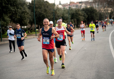 Naples half marathon, 25 February 2025, runners on the Caracciolo seafront.のeditorial素材
