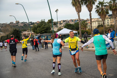 Naples half marathon, 25 February 2025, runners on the Caracciolo seafront.のeditorial素材