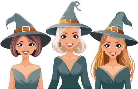 Witches smiling and standing together, wearing gray hats and matching dresses, embodying friendship and magic for halloweenのイラスト素材