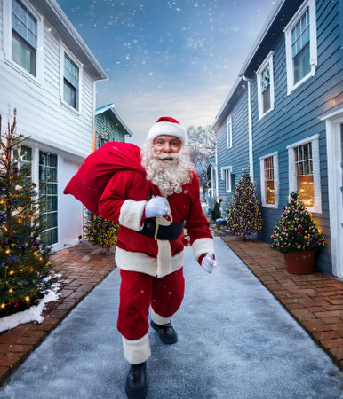 Santa Claus in red suit walks down snowy festive alley between decorated houses carrying a sack of presents, cheerful holiday sceneの写真素材