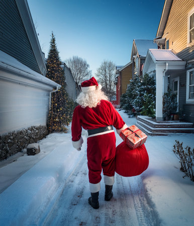 Santa Claus carrying a sack of toys and a present, walking through a snow-covered residential street on Christmas Eveの写真素材