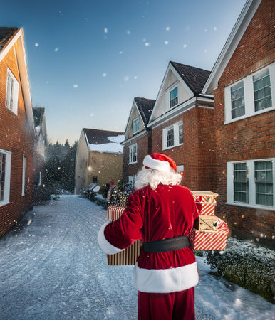 Santa Claus carrying a stack of wrapped presents, walking down a snow-covered street between houses on Christmas Eveの写真素材