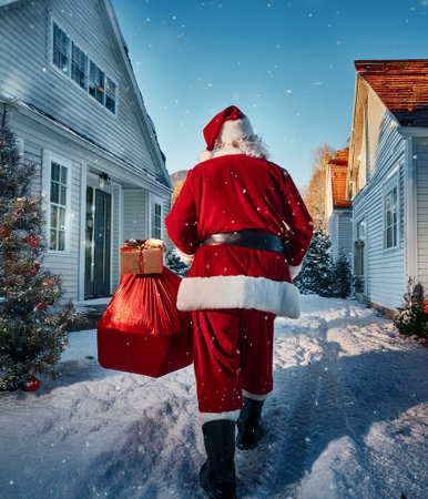 Santa Claus walking away, carrying a sack full of presents in a snowy village during Christmas, delivering giftsの写真素材