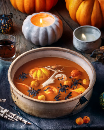 Pumpkin soup prepared for halloween, decorated with spider toys and cream patterns, surrounded by lit candles and autumn pumpkinsの写真素材