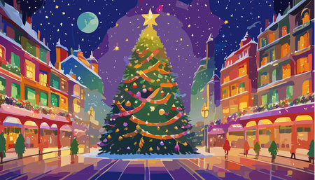 Decorated christmas tree standing in a festive city square during winter, with snow falling and people walkingのイラスト素材