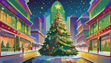 Decorated Christmas tree standing prominently in a snowy city street, surrounded by buildings under a starry night skyのイラスト素材