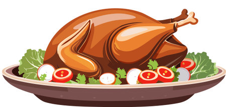 Roasted turkey bird presented on a platter with garnish, symbolizing thanksgiving, christmas, or holiday meals and celebrationsのイラスト素材
