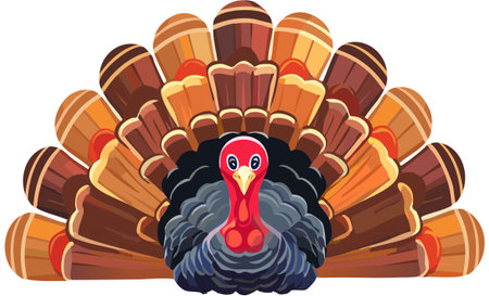 Cartoon turkey bird looking directly at camera, displaying large fan-like tail feathers. Ideal for Thanksgiving and autumn themesのイラスト素材