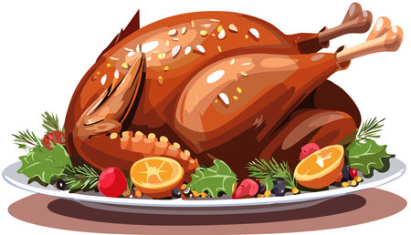 Roasted turkey presenting traditional festive holiday dinner meal on a plate, garnished with fruits and greensのイラスト素材