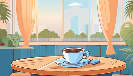 Cartoon illustration featuring a hot coffee cup on a wooden table, overlooking a city view through a large windowのイラスト素材