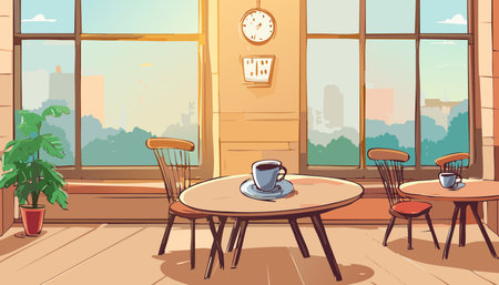 Empty coffee shop interior with tables and chairs, observing morning sunrise light through large windows looking out to city parkのイラスト素材