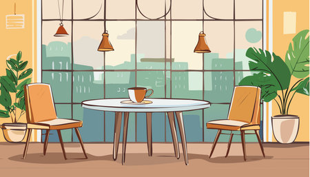 Cafe interior offering a cozy atmosphere, round table, two chairs, large window overlooking city buildings, and potted plantsのイラスト素材