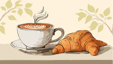 Steaming cup of coffee with latte art beside a fresh croissant, symbolizing breakfast and cafe cultureのイラスト素材