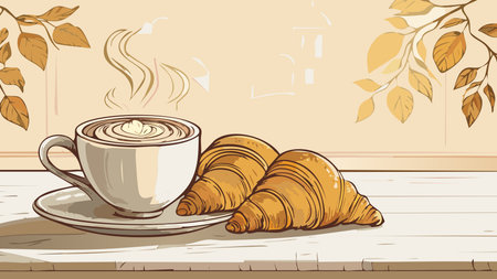 Hot coffee mug and fresh croissants on a table, with autumn leaves in the background, creating a cozy morning sceneのイラスト素材