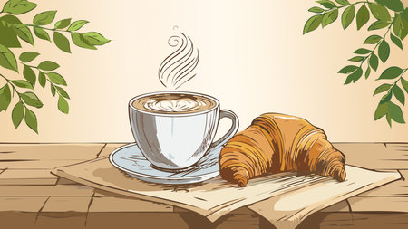 Hot coffee with latte art and buttery croissant for a relaxing breakfast or coffee break illustrationのイラスト素材