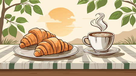 Breakfast items on a striped tablecloth, showing steaming hot coffee and fresh baked croissants with sun and natureのイラスト素材