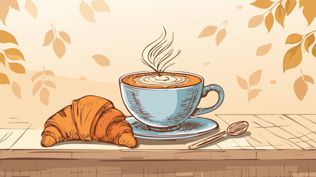 Steaming coffee and a fresh croissant on a wooden table, with falling autumn leaves creating a cozy atmosphereのイラスト素材