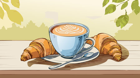 Coffee latte cup with beautiful art, two fresh croissants, and spoon on a wooden table, enjoying morning breakfastのイラスト素材