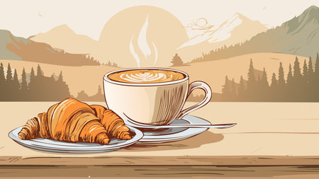 Warm coffee with latte art and fresh croissants on a wooden table, offering a relaxing breakfast with a mountain backdropのイラスト素材