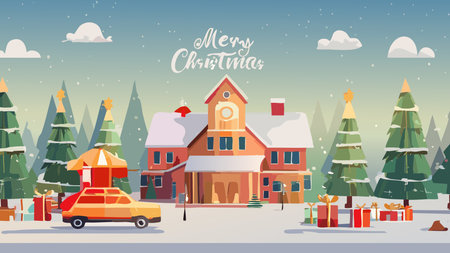 Festive winter scene in a village during snowfall. Car transporting gift boxes, surrounded by decorated Christmas treesのイラスト素材