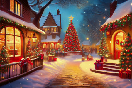 Snowy street scene in a charming Christmas village at night, featuring glowing houses, decorated fir trees, and wrapped giftsの写真素材