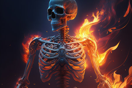 Skeleton engulfed in vibrant flames against a deep dark background, symbolizing hell, death, and supernatural powerの写真素材