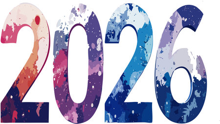 Year 2026 digits painted in abstract watercolor style, evolving from warm pink tones to cool blue shadesのイラスト素材