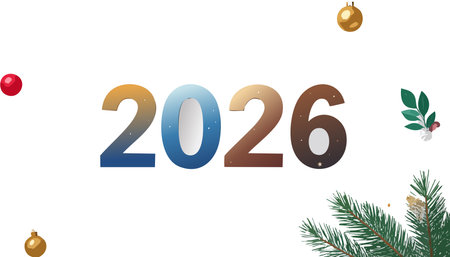 Year 2026 numbers with abstract winter festive decorations and christmas ornaments on a white backgroundのイラスト素材