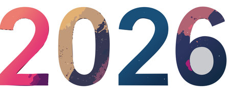 Numbers 2026 displaying vibrant gradients and abstract paint splatters, representing upcoming new...