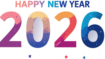 Happy new year 2026 greeting card with vibrant watercolor texture and decorative stars, representing celebration and future successのイラスト素材